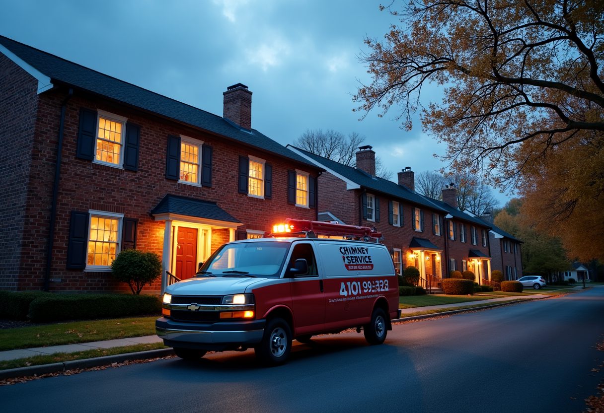 Chimney service van outside brick townhouses at dusk — Fort Washington